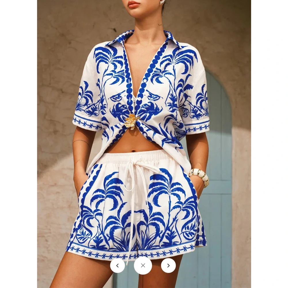 NWT Commense Palm Tree Print Shirt & Drawstring Shorts Set Sz L